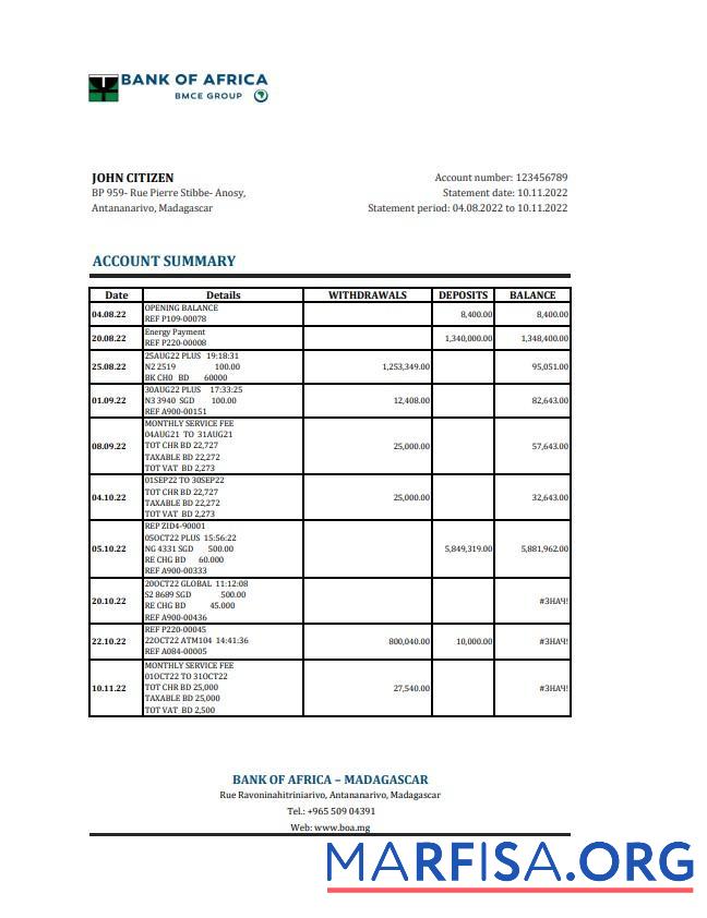Realistic Madagascar Bank of Africa bank statement excel example